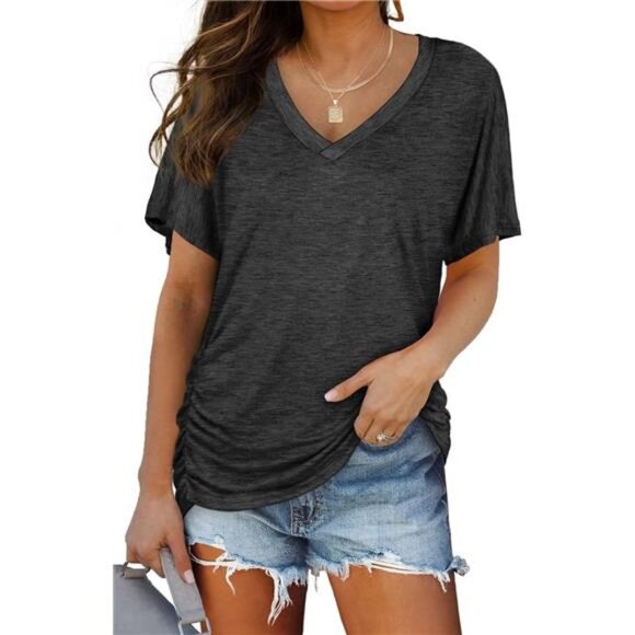 Women's V-Neck Dolman Sleeve Shirred Top - Picture 1 of 5